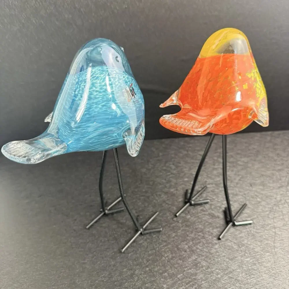 BIRDS Style Hand-Blown Glass Birds Figurines Tall Metal Legs (set/2 birds) - Picture 3 of 16